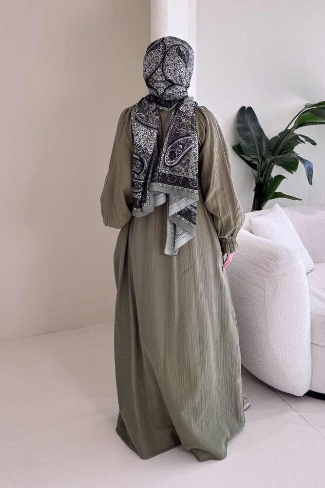 Liorena Yandan Bağlamalıi Müslin Elbise - Haki - 8