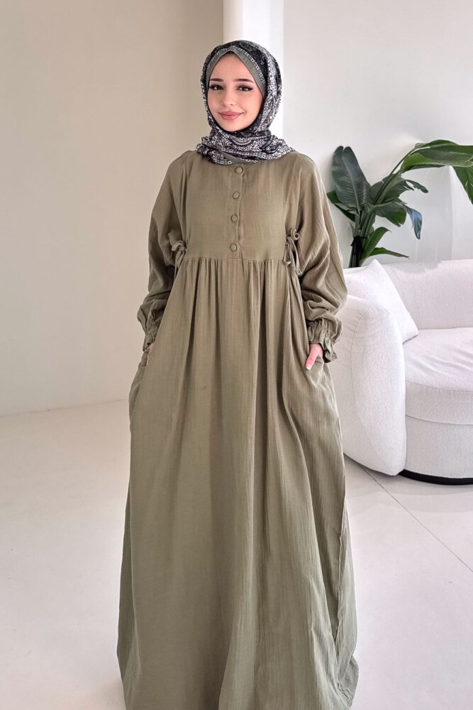 Liorena Yandan Bağlamalıi Müslin Elbise - Haki - 3