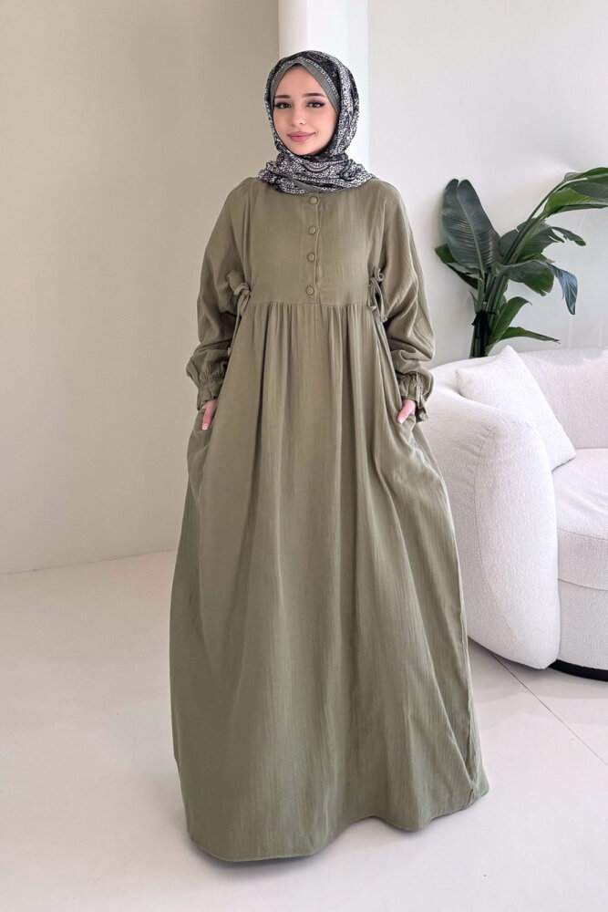 Liorena Yandan Bağlamalıi Müslin Elbise - Haki - ALLMİSS (0)