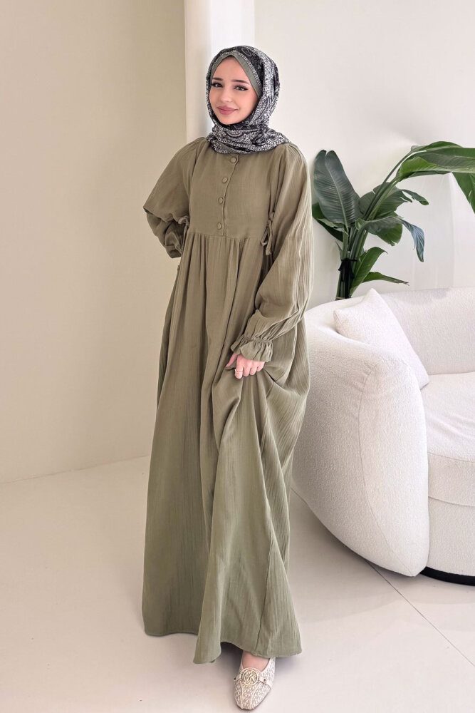 Liorena Yandan Bağlamalıi Müslin Elbise - Haki - 6