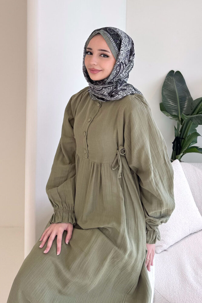 Liorena Yandan Bağlamalıi Müslin Elbise - Haki - 7