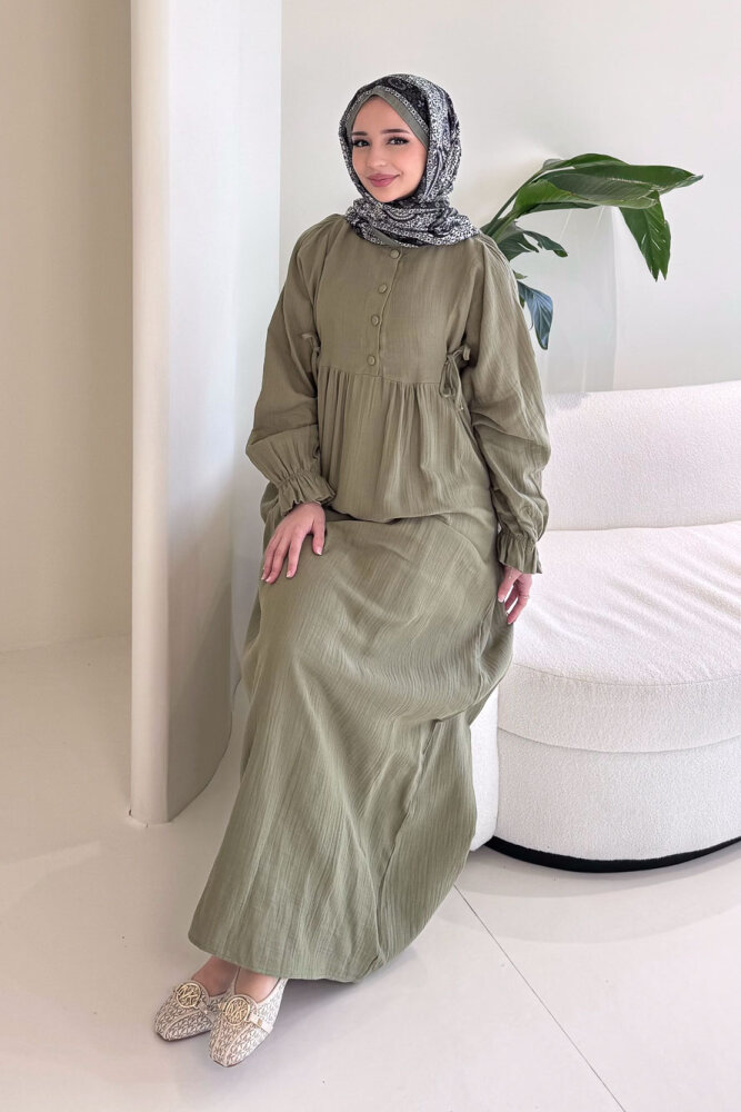 Liorena Yandan Bağlamalıi Müslin Elbise - Haki - 5