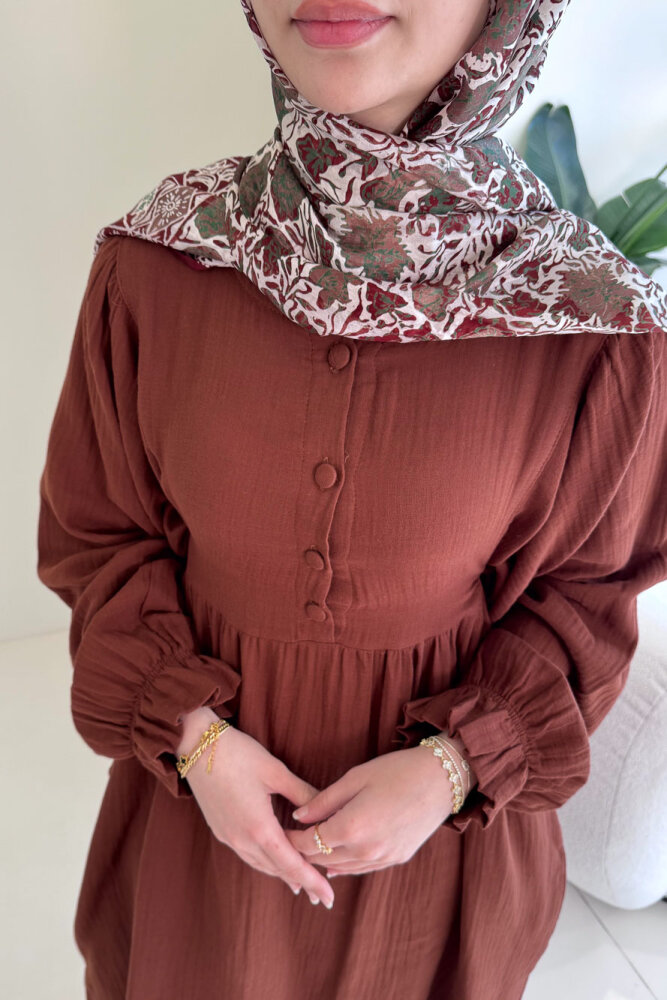 Liorena Yandan Bağlamalıi Müslin Elbise - Kahverengi - 3