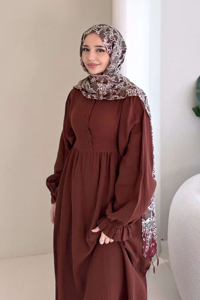 Liorena Yandan Bağlamalıi Müslin Elbise - Kahverengi - 2