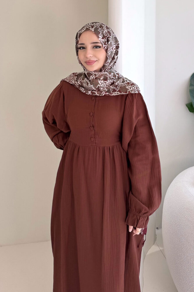 Liorena Yandan Bağlamalıi Müslin Elbise - Kahverengi - 6