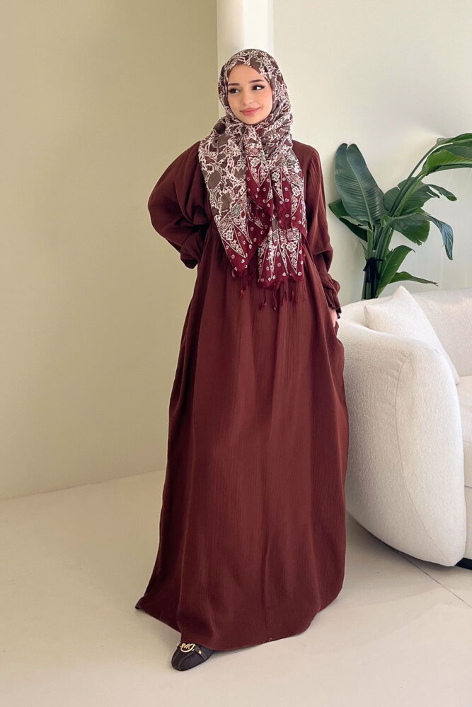 Liorena Yandan Bağlamalıi Müslin Elbise - Kahverengi - ALLMİSS (4)