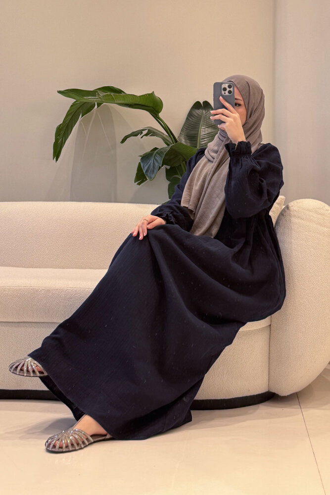 Liorena Yandan Bağlamalıi Müslin Elbise - Lacivert - 1