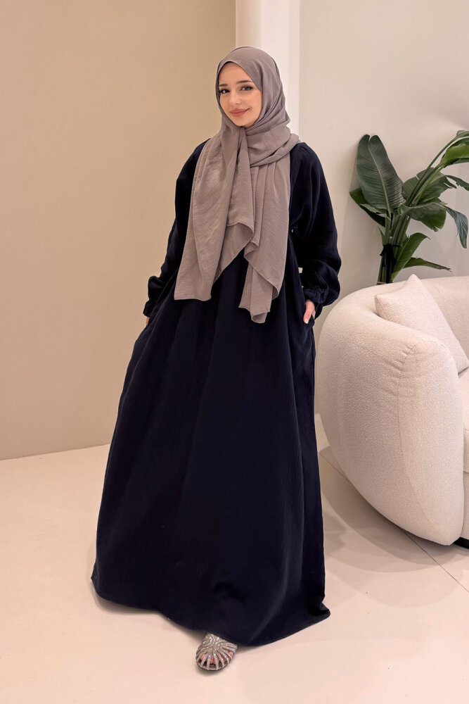 Liorena Yandan Bağlamalıi Müslin Elbise - Lacivert - 2