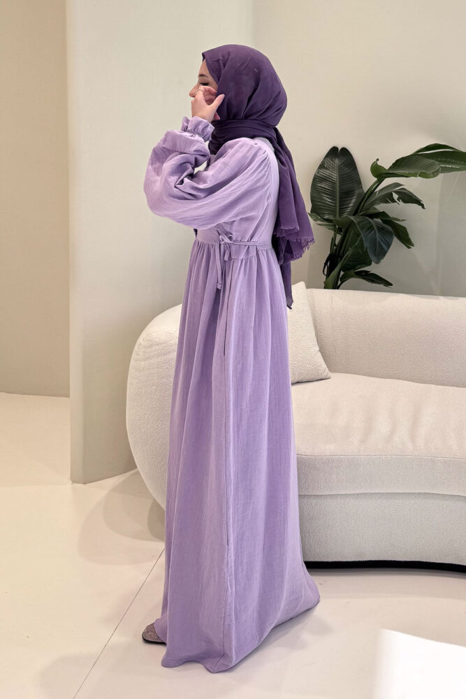 Liorena Yandan Bağlamalıi Müslin Elbise - Lila - 4