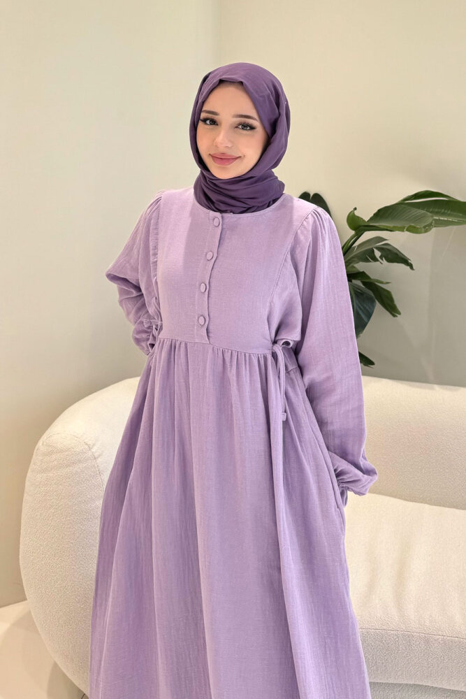 Liorena Yandan Bağlamalıi Müslin Elbise - Lila - 8