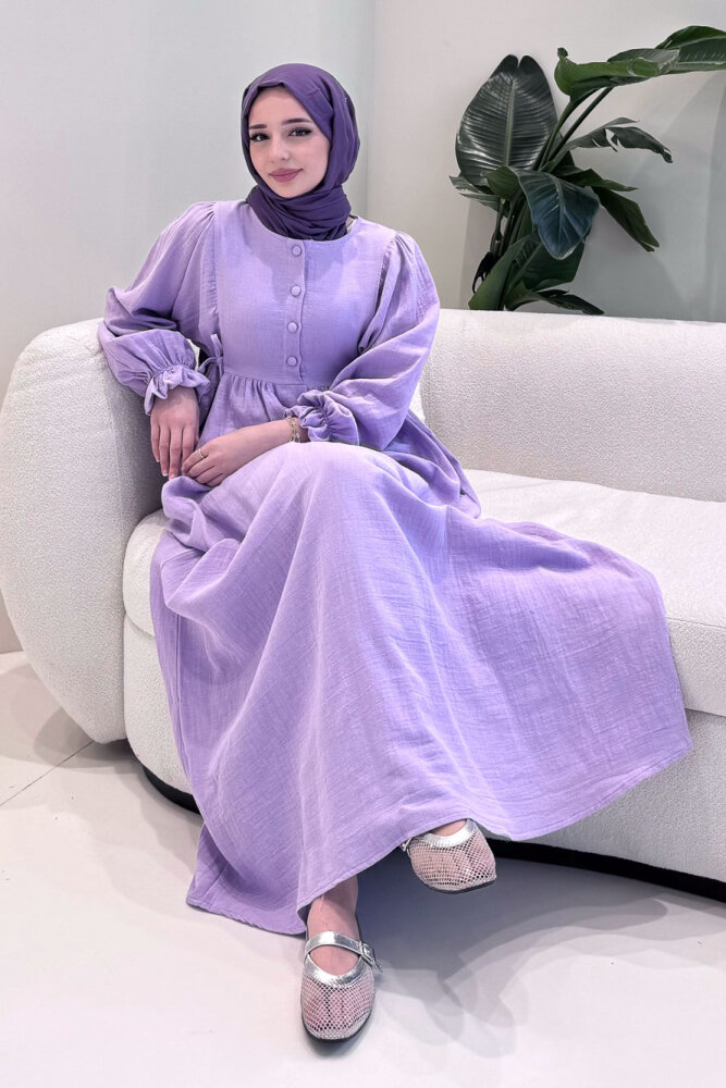 Liorena Yandan Bağlamalıi Müslin Elbise - Lila - 1