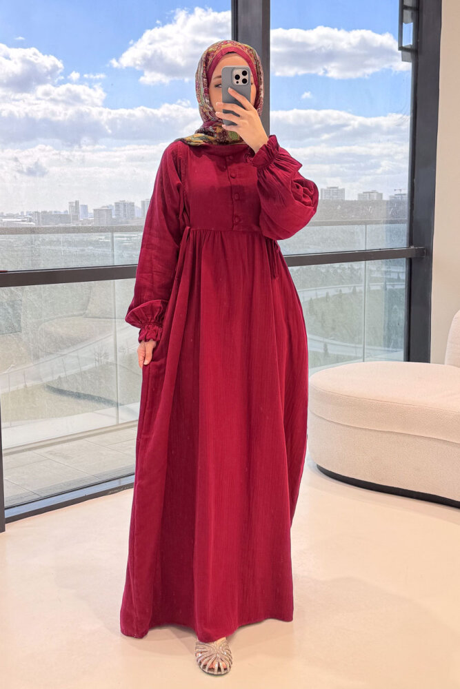 Liorena Yandan Bağlamalıi Müslin Elbise - Mürdüm - 1