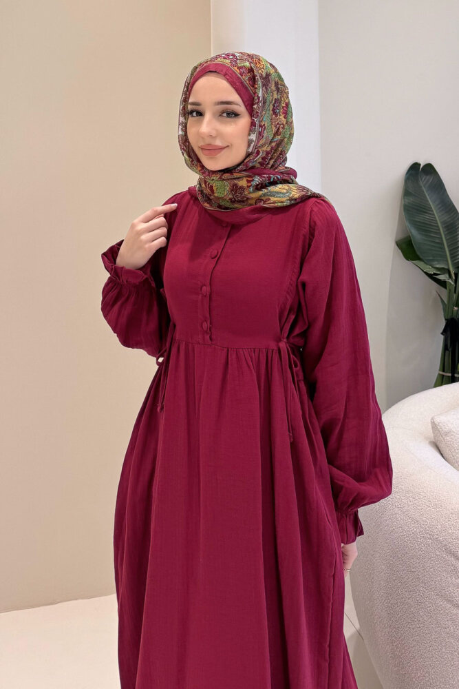 Liorena Yandan Bağlamalıi Müslin Elbise - Mürdüm - 10