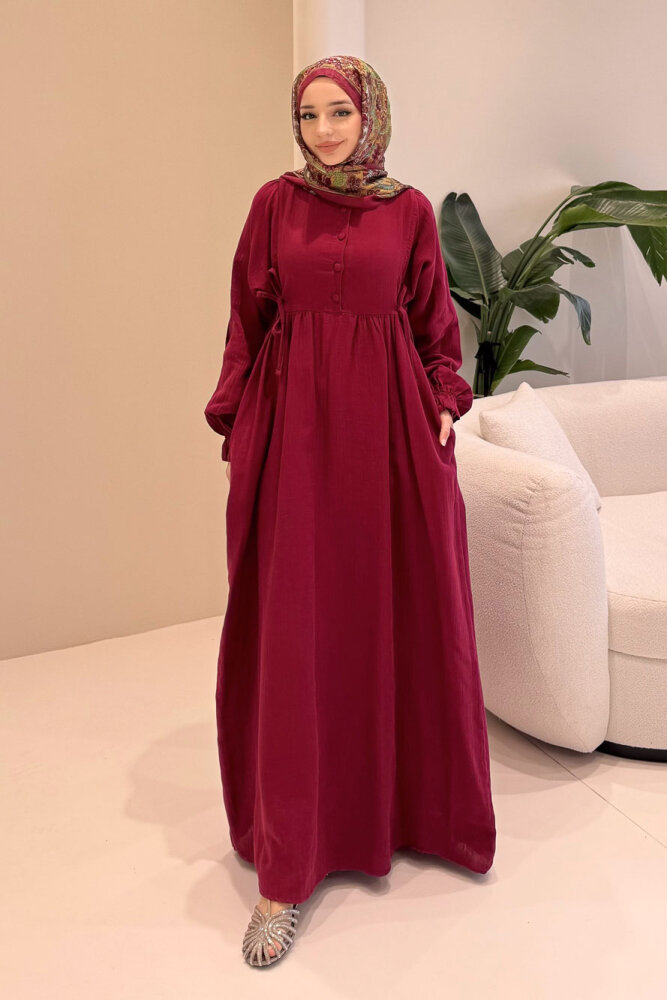 Liorena Yandan Bağlamalıi Müslin Elbise - Mürdüm - 5