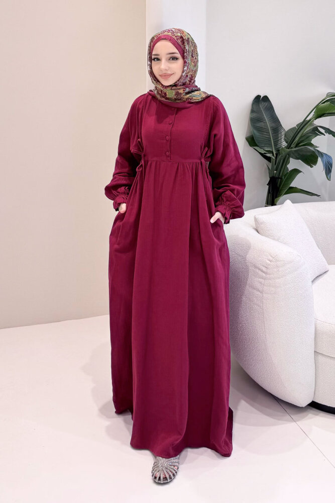 Liorena Yandan Bağlamalıi Müslin Elbise - Mürdüm - 7