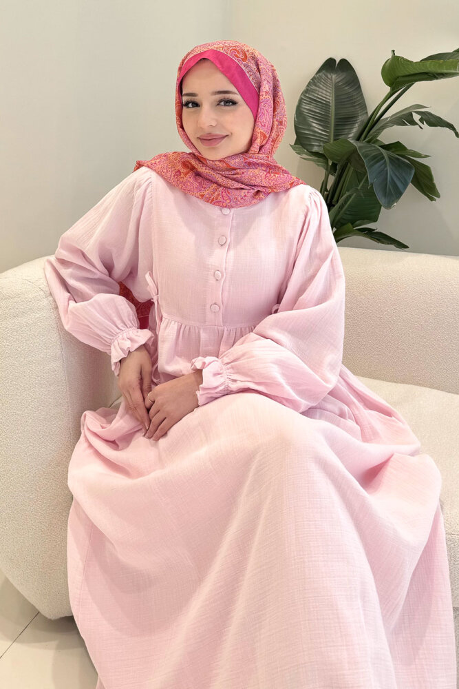 Liorena Yandan Bağlamalıi Müslin Elbise - Pembe - 5