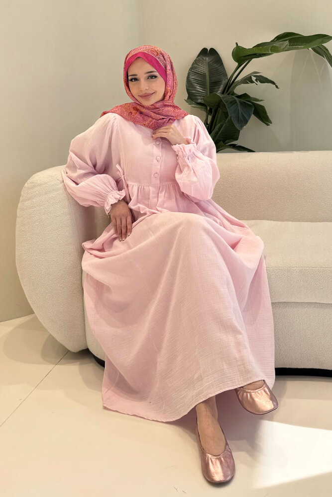 Liorena Yandan Bağlamalıi Müslin Elbise - Pembe 