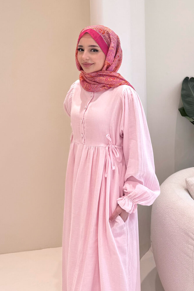 Liorena Yandan Bağlamalıi Müslin Elbise - Pembe - 7