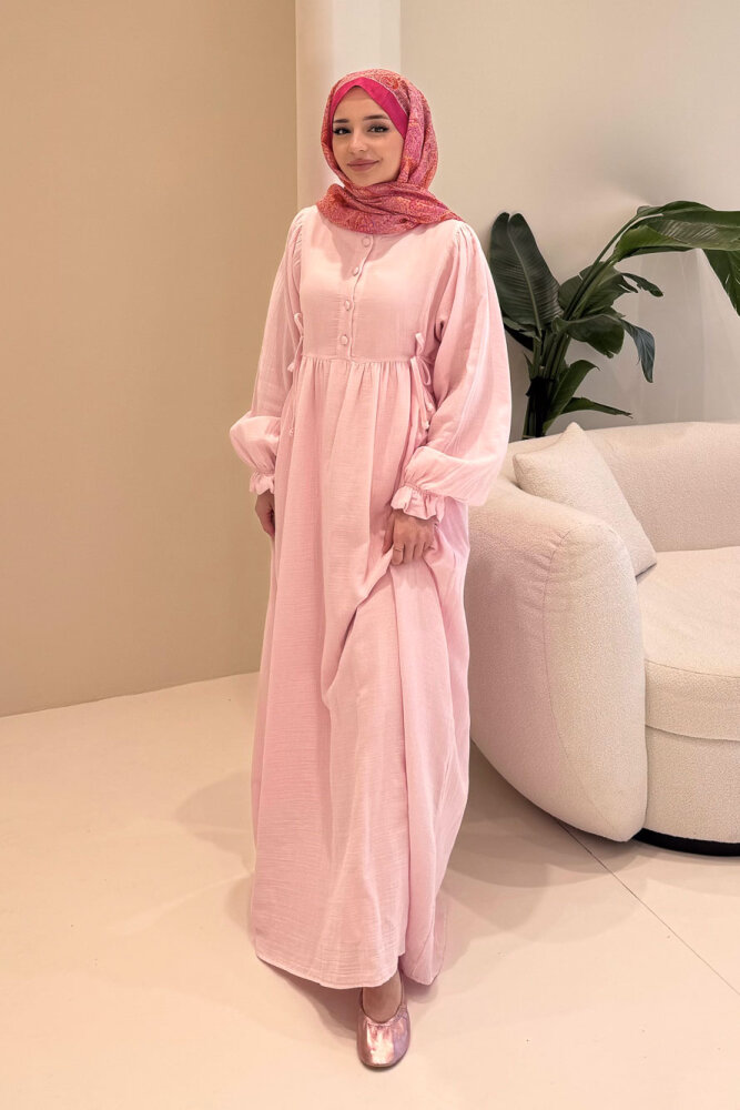 Liorena Yandan Bağlamalıi Müslin Elbise - Pembe - 3