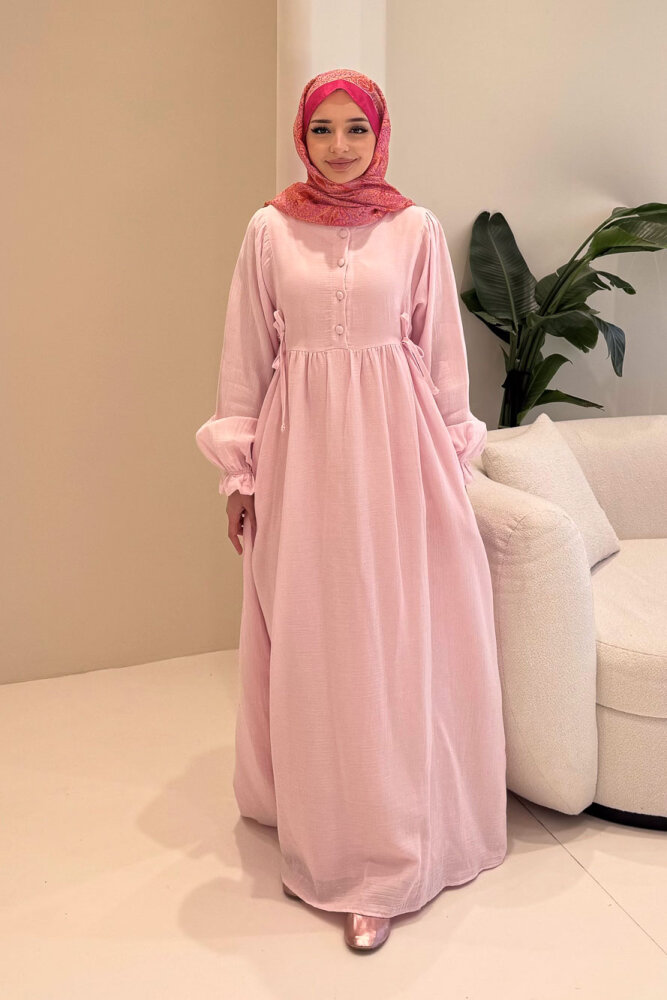 Liorena Yandan Bağlamalıi Müslin Elbise - Pembe - 6