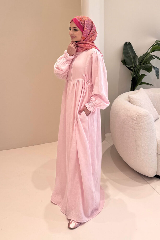 Liorena Yandan Bağlamalıi Müslin Elbise - Pembe - ALLMİSS (3)