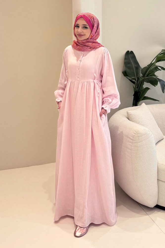 Liorena Yandan Bağlamalıi Müslin Elbise - Pembe - 8