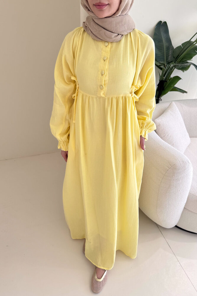 Liorena Yandan Bağlamalıi Müslin Elbise - Sarı - 3