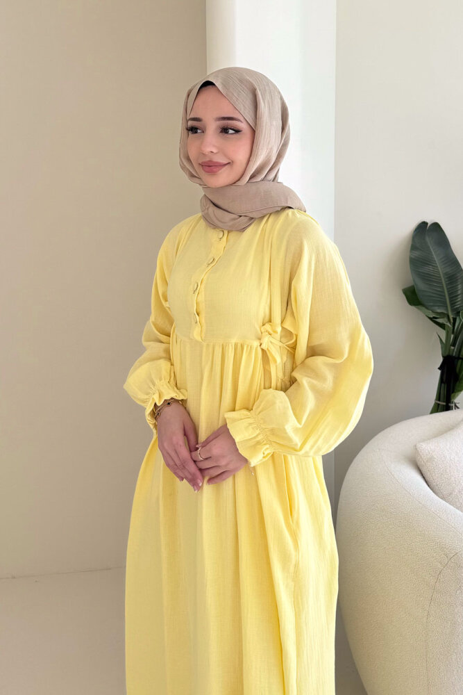 Liorena Yandan Bağlamalıi Müslin Elbise - Sarı - 7