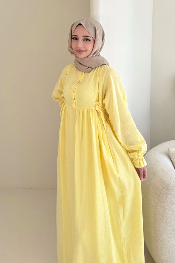 Liorena Yandan Bağlamalıi Müslin Elbise - Sarı - 10