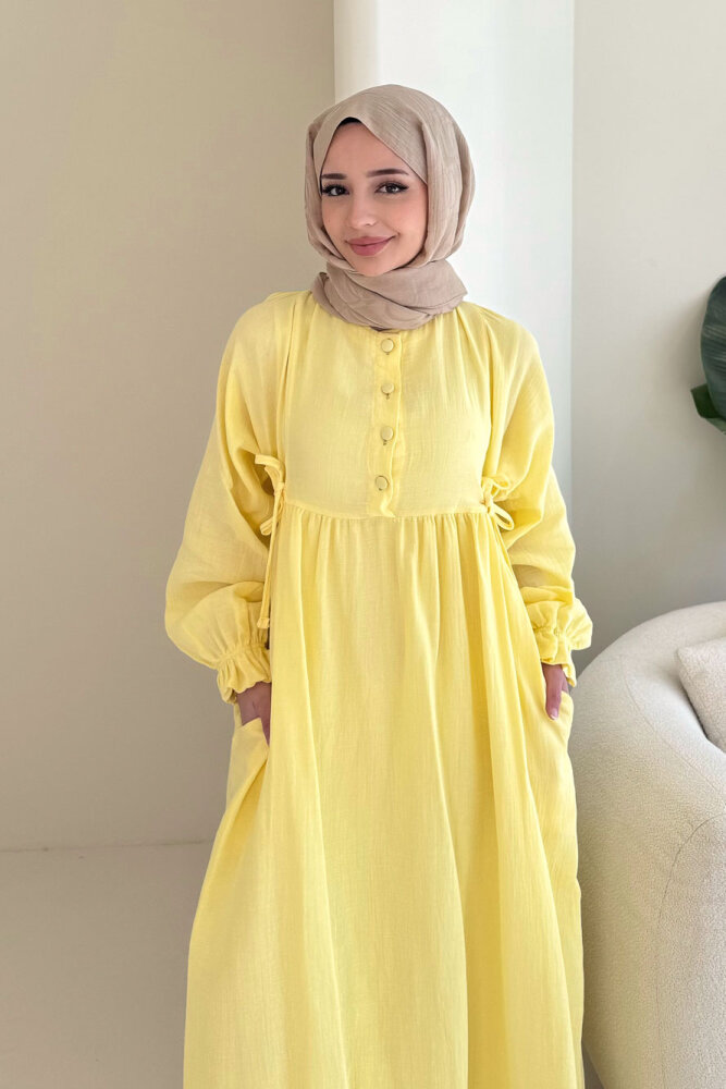 Liorena Yandan Bağlamalıi Müslin Elbise - Sarı - 5