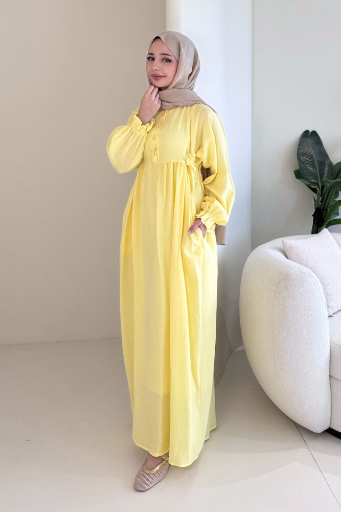 Liorena Yandan Bağlamalıi Müslin Elbise - Sarı - 4