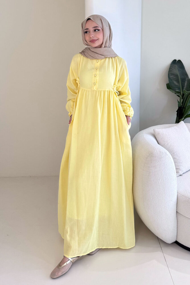 Liorena Yandan Bağlamalıi Müslin Elbise - Sarı - ALLMİSS (1)