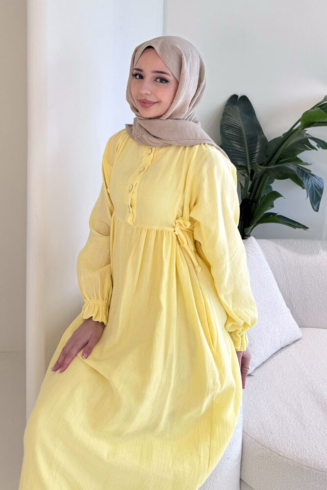 Liorena Yandan Bağlamalıi Müslin Elbise - Sarı - 1