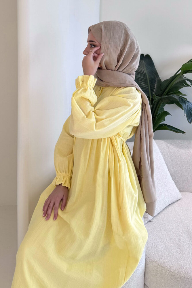 Liorena Yandan Bağlamalıi Müslin Elbise - Sarı - 8