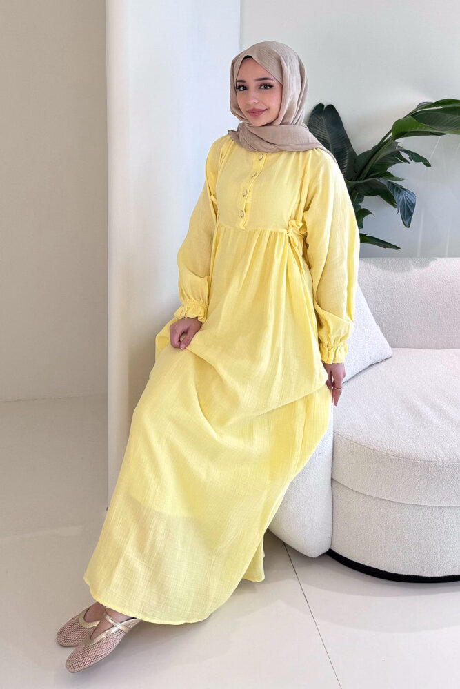 Liorena Yandan Bağlamalıi Müslin Elbise - Sarı - 6