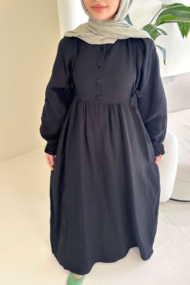 Liorena Yandan Bağlamalıi Müslin Elbise - Siyah - 2