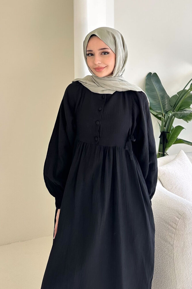 Liorena Yandan Bağlamalıi Müslin Elbise - Siyah - 6