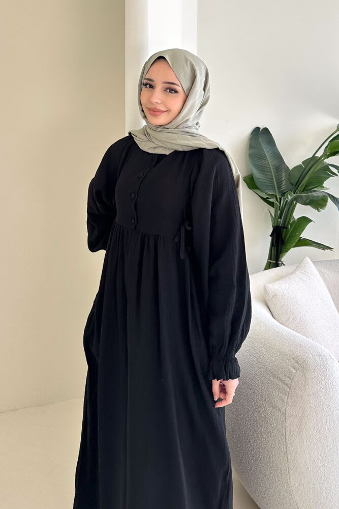 Liorena Yandan Bağlamalıi Müslin Elbise - Siyah - 8