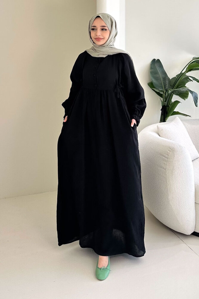 Liorena Yandan Bağlamalıi Müslin Elbise - Siyah - 1