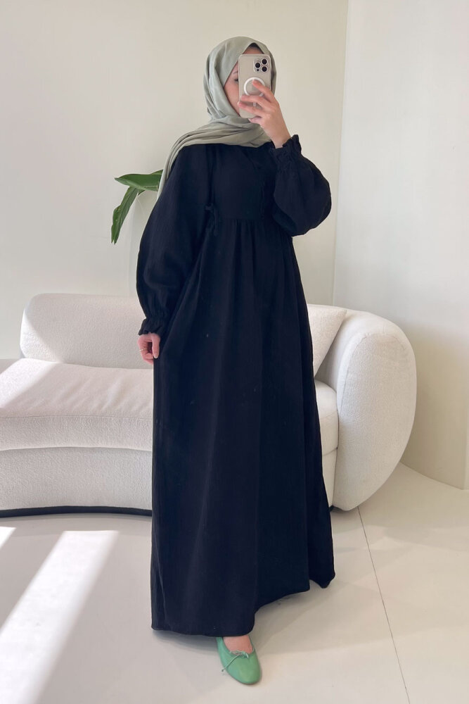 Liorena Yandan Bağlamalıi Müslin Elbise - Siyah - ALLMİSS (4)