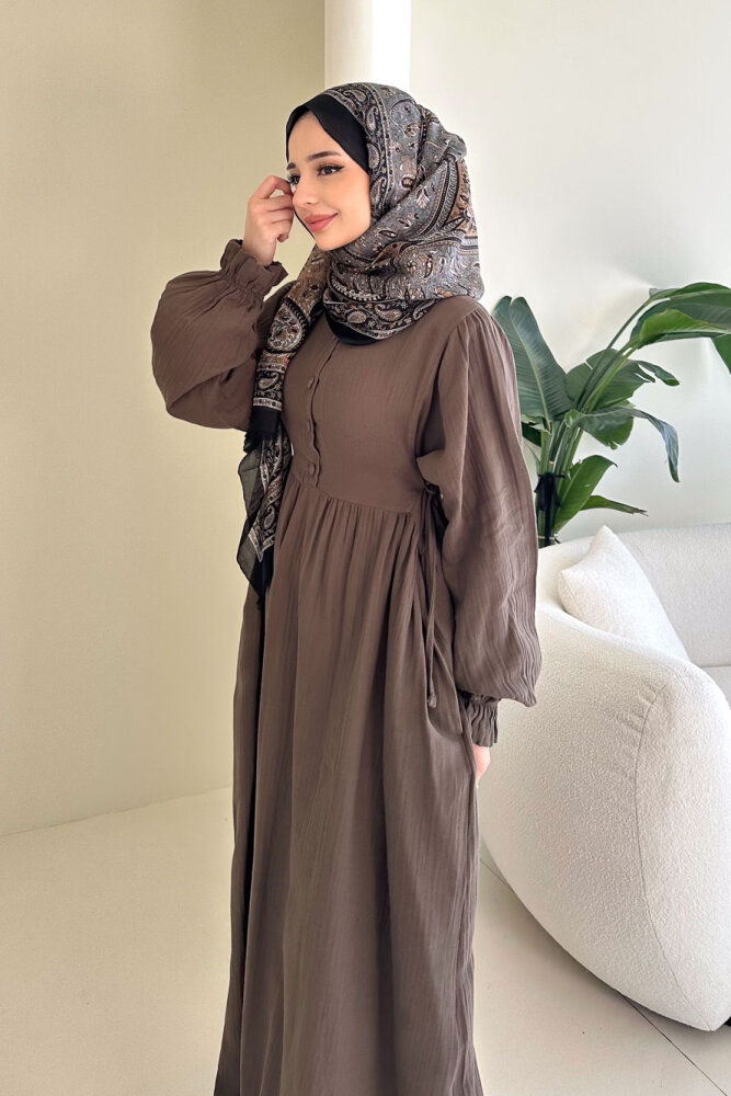 Liorena Yandan Bağlamalıi Müslin Elbise - Vizon - 8