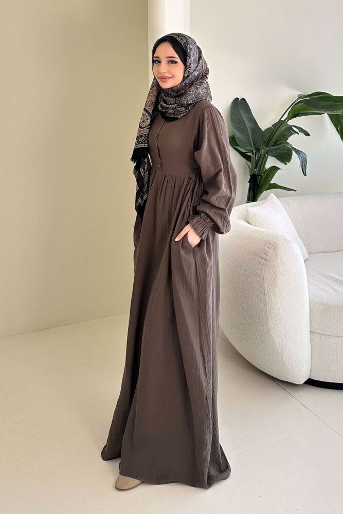 Liorena Yandan Bağlamalıi Müslin Elbise - Vizon - 5