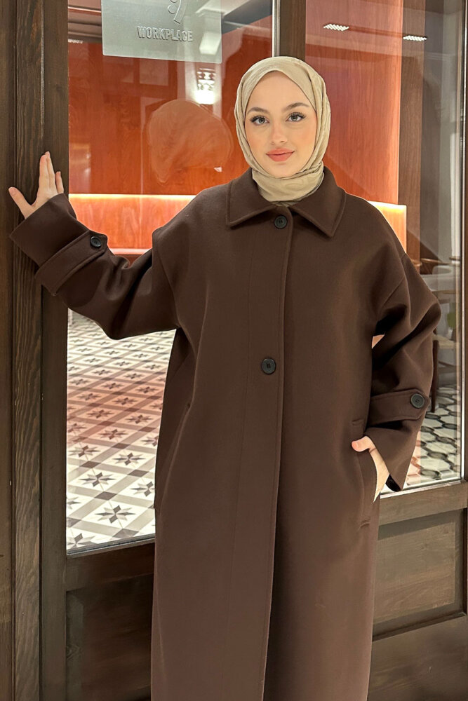 Lonavé Uzun Kaşe Kaban - Kahverengi - 3