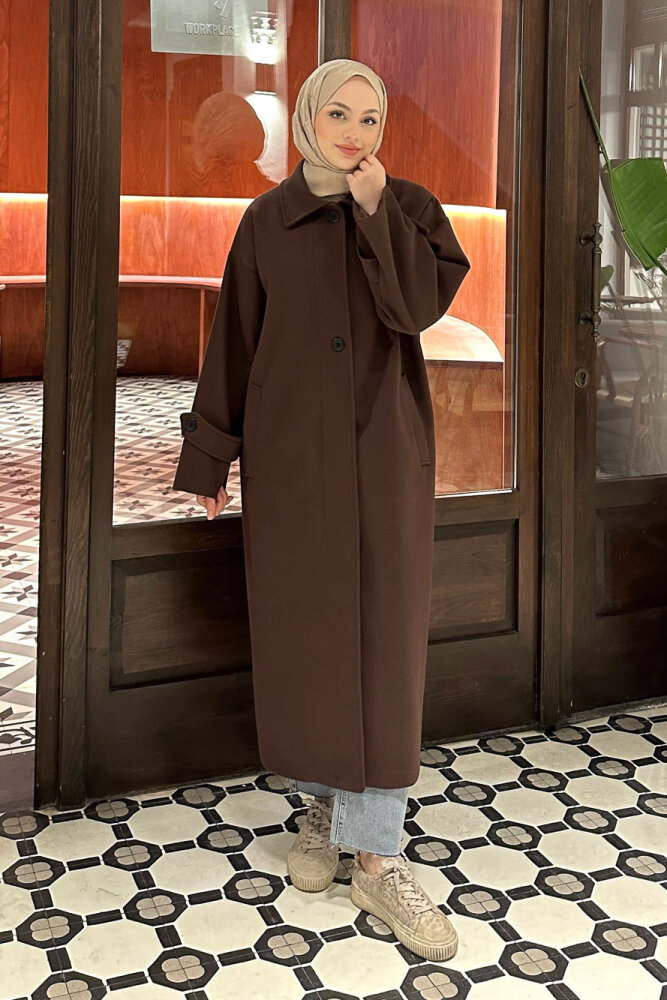 Lonavé Uzun Kaşe Kaban - Kahverengi - 5