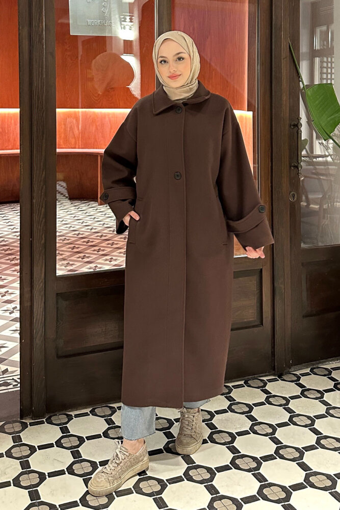 Lonavé Uzun Kaşe Kaban - Kahverengi - 1