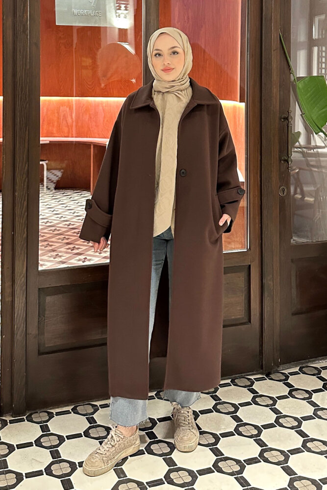 Lonavé Uzun Kaşe Kaban - Kahverengi - 2