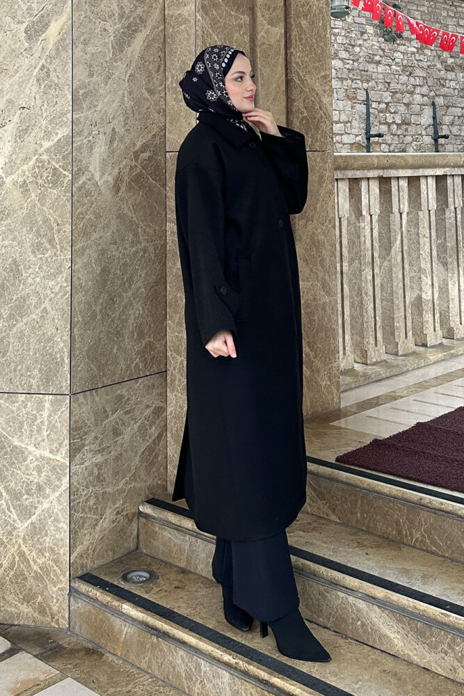 Lonavé Uzun Kaşe Kaban - Siyah - 2