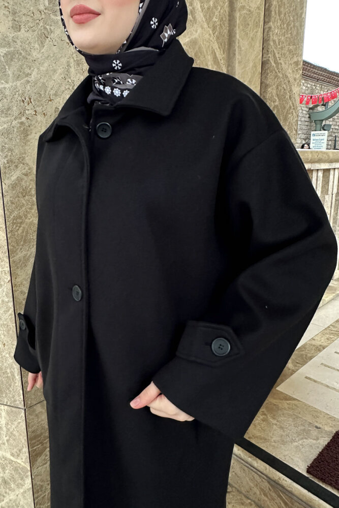 Lonavé Uzun Kaşe Kaban - Siyah - 3