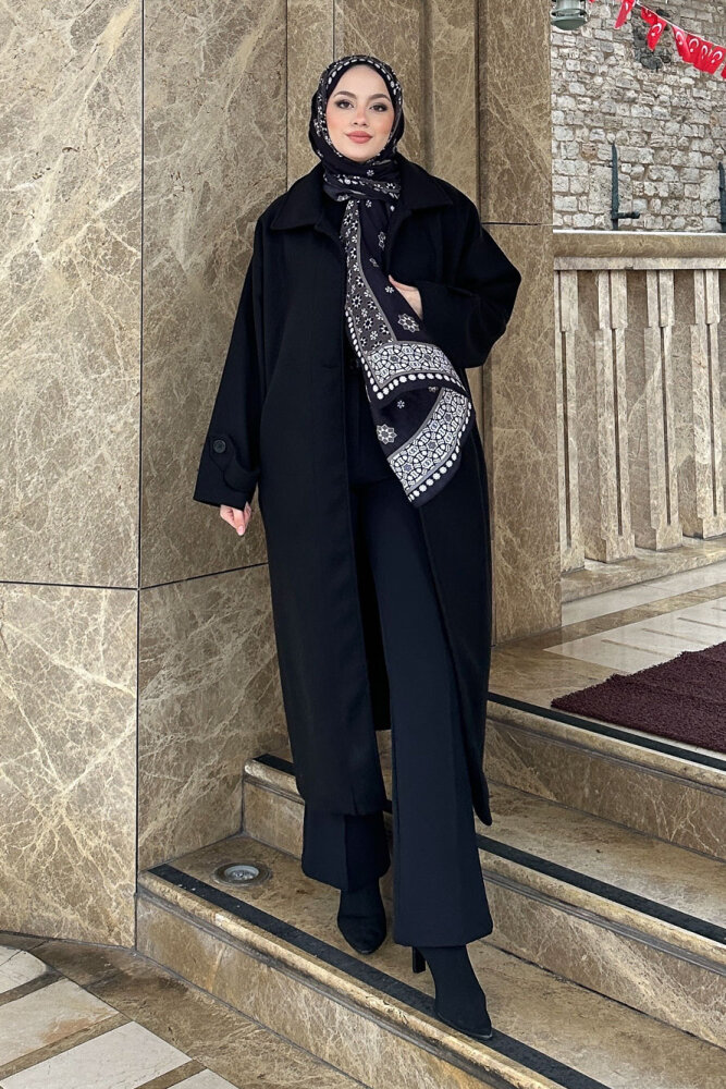 Lonavé Uzun Kaşe Kaban - Siyah - 1