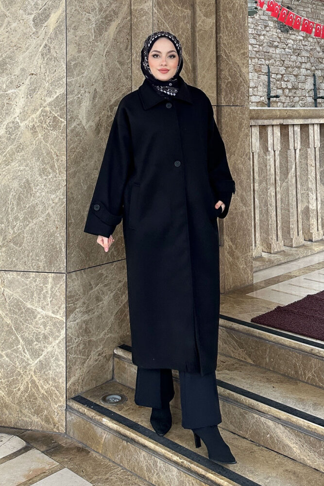 Lonavé Uzun Kaşe Kaban - Siyah - 5